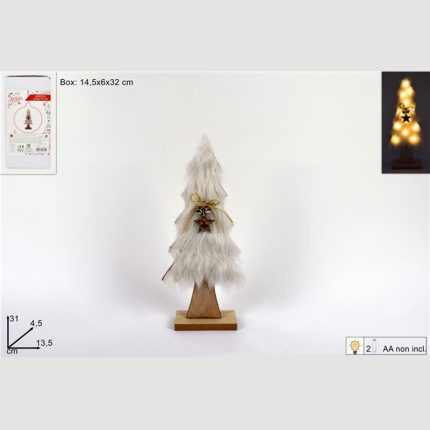 XMAS TREE WHITE WOOD/FUR LIGHTS 31CM