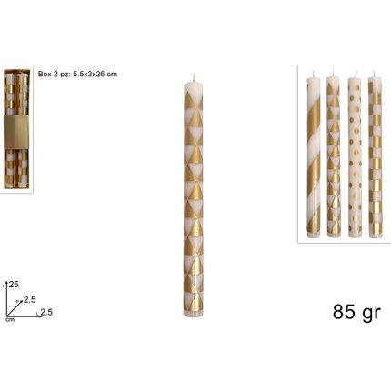 CANDLE 25CM WHITE/GOLD  2PZ ASS